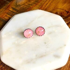 Pink Gold Silver Fleck Earrings Jewelry Cabochon Round Stud Classic Casual NEW